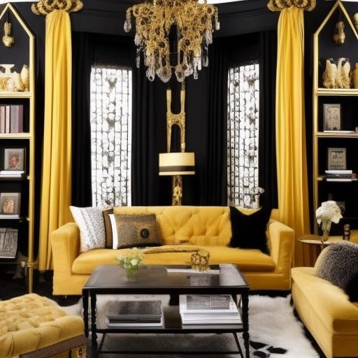 Hufflepuff themed gothic living room with Gold walls with Black accents& Golden windows with Black curtains& Black Gothi...