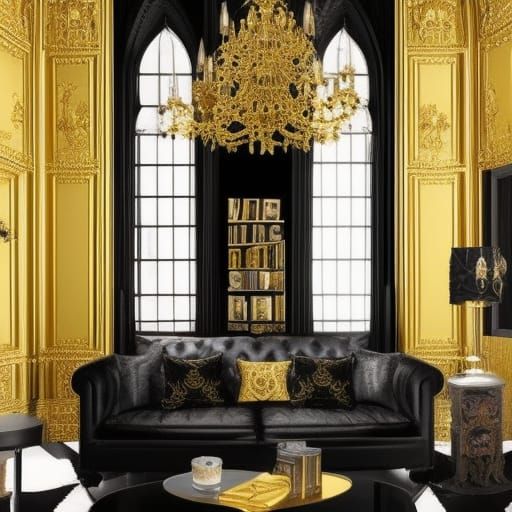 Hufflepuff themed gothic living room with Gold walls with Black accents& Golden windows with Black curtains& Black Gothi...