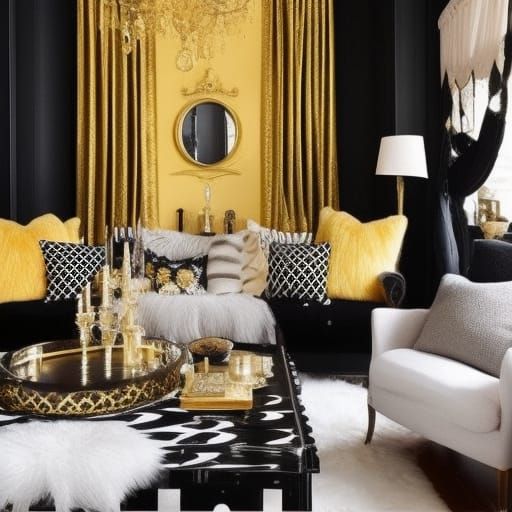 Hufflepuff themed gothic living room with Gold walls with Black accents& Golden windows with Black curtains& Black Gothi...