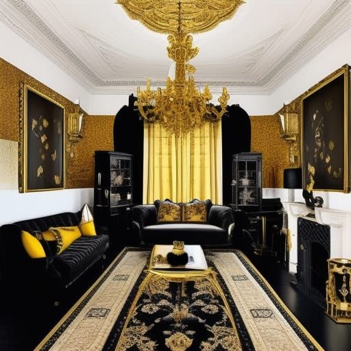 Hufflepuff themed gothic living room with Gold walls with Black accents& Golden windows with Black curtains& Black Gothi...