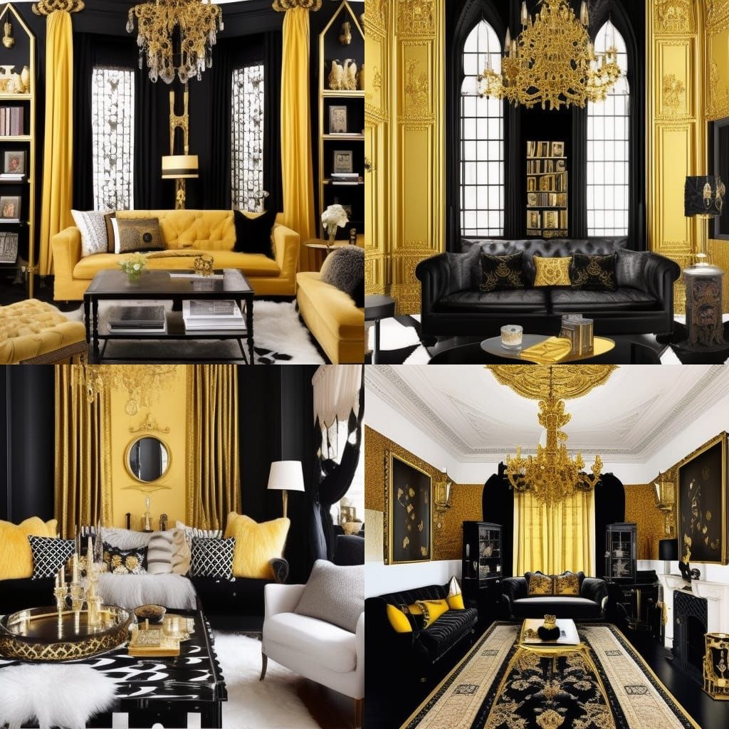 Hufflepuff themed gothic living room with Gold walls with Black accents& Golden windows with Black curtains& Black Gothi...