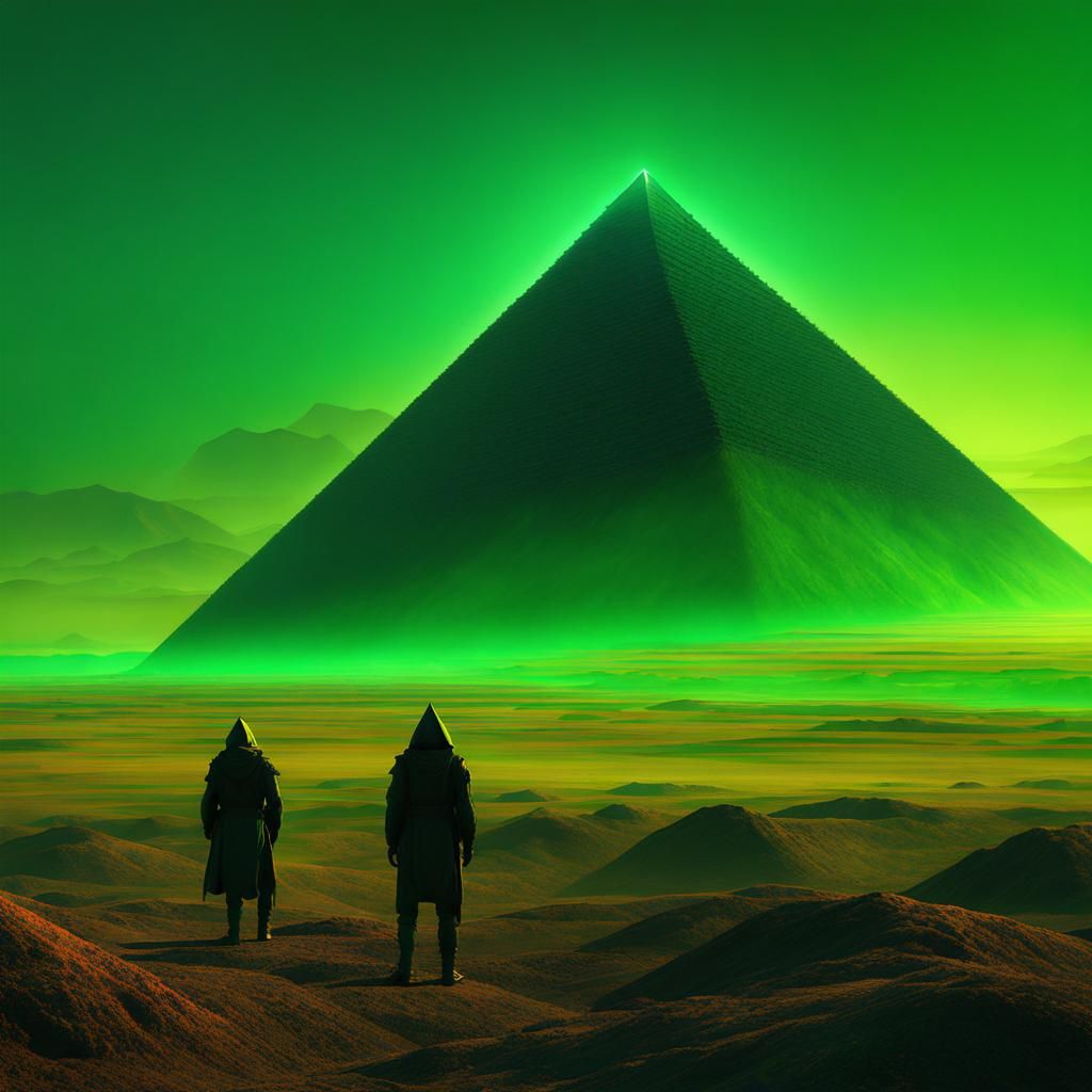 Giant Black Pyramid with Jade Alien in Biopunk Style