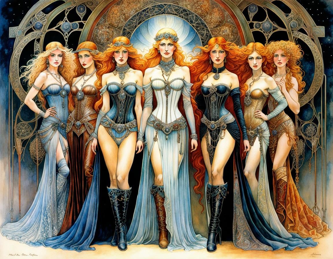 Art Nouveau Portrait of Three Corseted Women