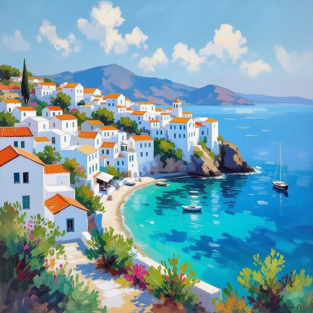 Idyllic Greek Island in Impressionist Style