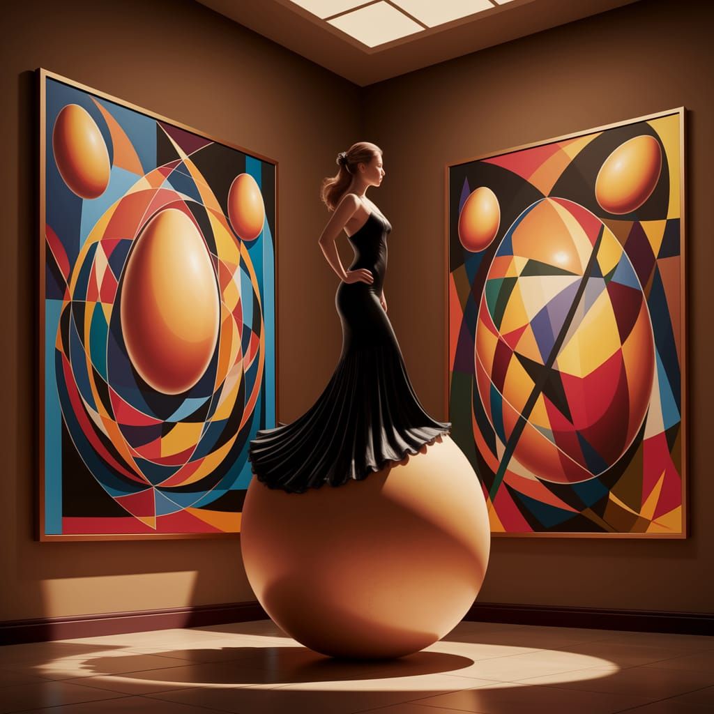 Surreal Muse Contemplates Geometric Art in a Museum Gallery