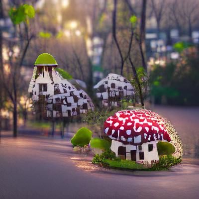 Mushroom House in Urban Forest: 8K Resolution
