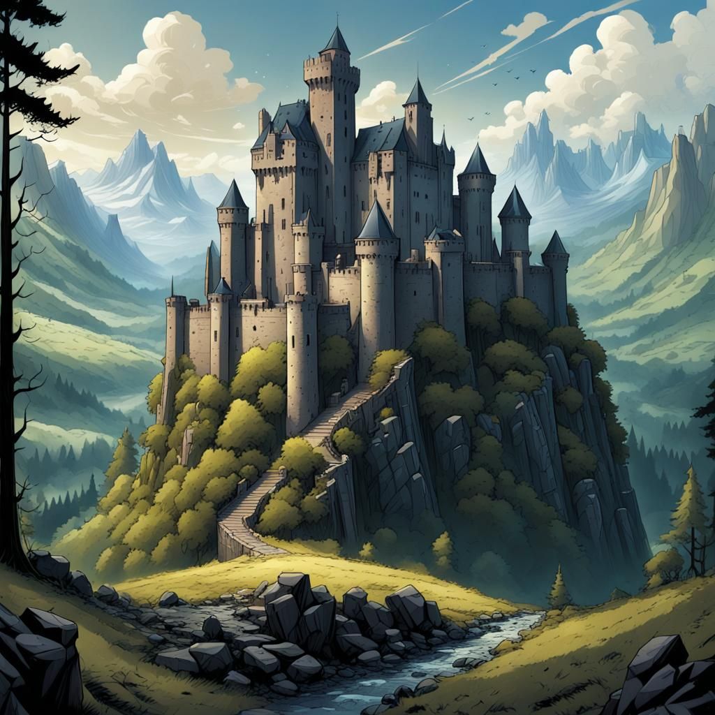 Modern Castle on Plateau in Comic Book Style