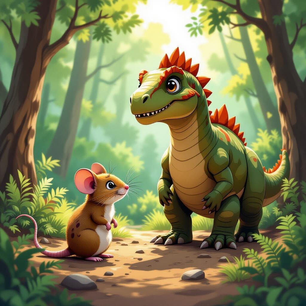 Mouse and Dinosaur in Vibrant Prehistoric Forest