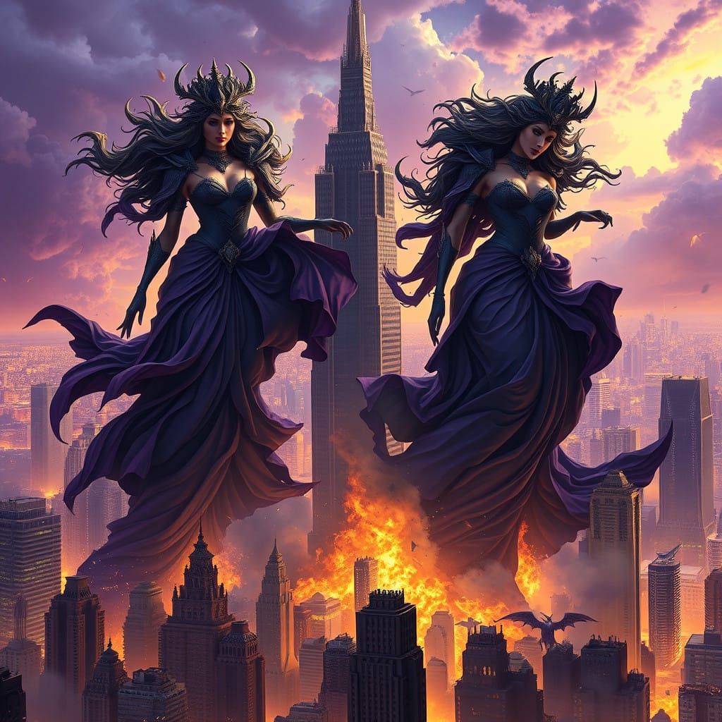 Gigantic Women Overwhelm City in Dark Fantasy Chaos
