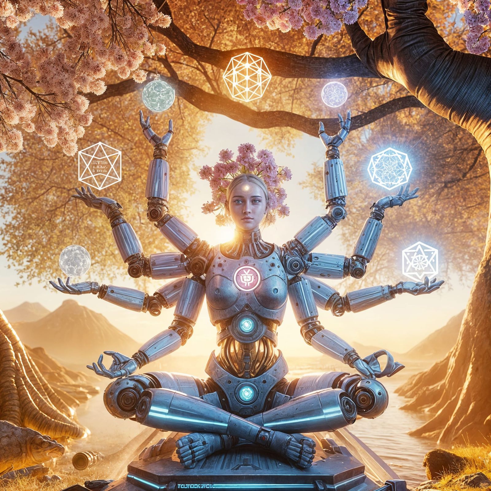 Cybernetic Shiva Meditating Under Cherry Blossoms