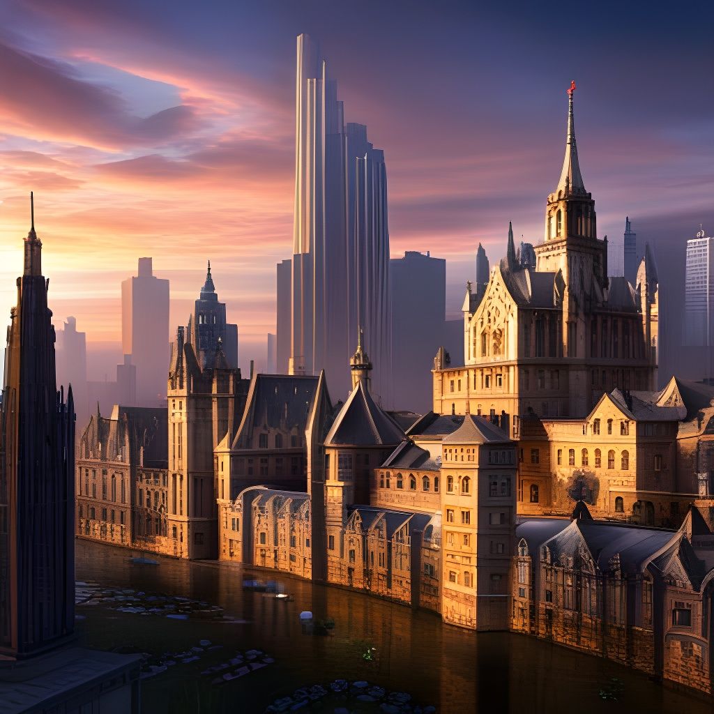 Futuristic Castle in Aetherpunk City: Detailed Matte Paintin...