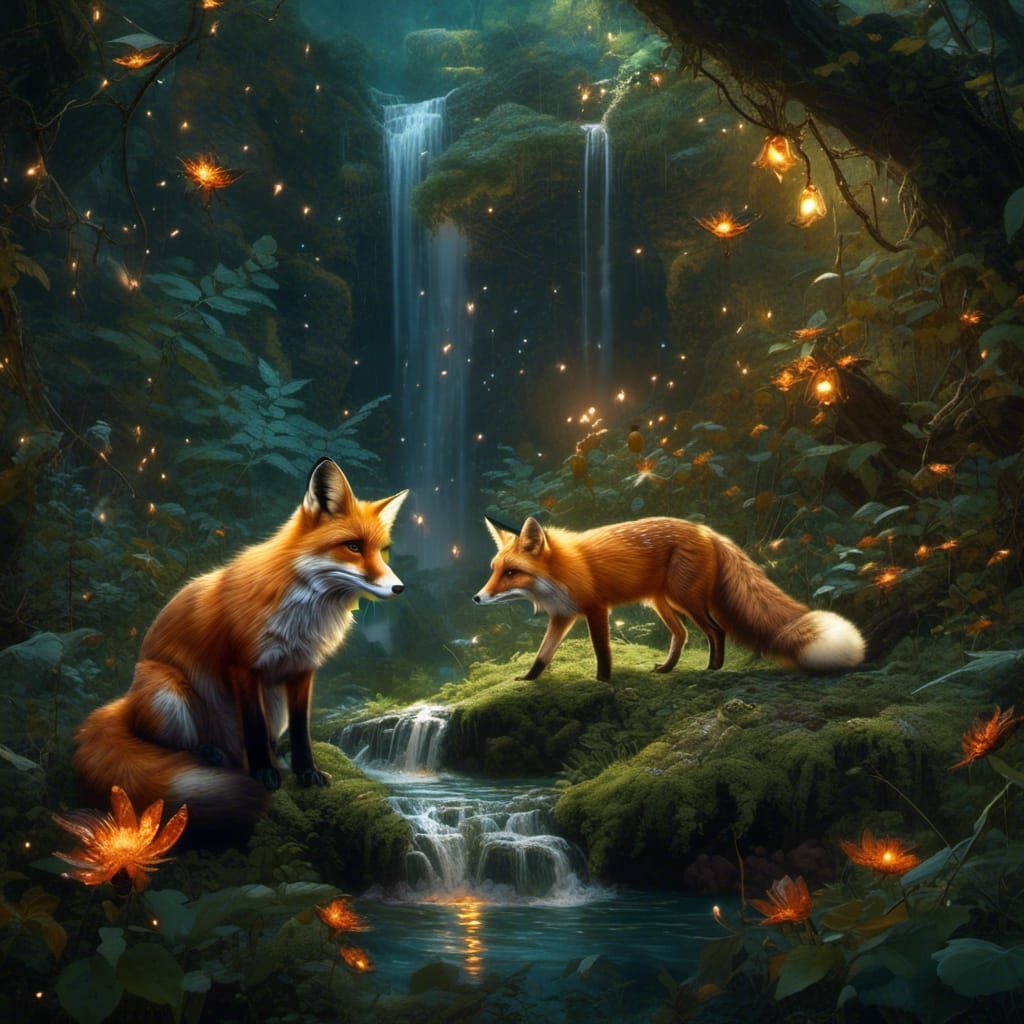 Fox in Magical Garden with Fireflies