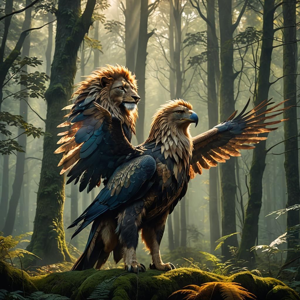 Lion-Eagle Hybrid in Misty Forest: Fantasy Concept Art
