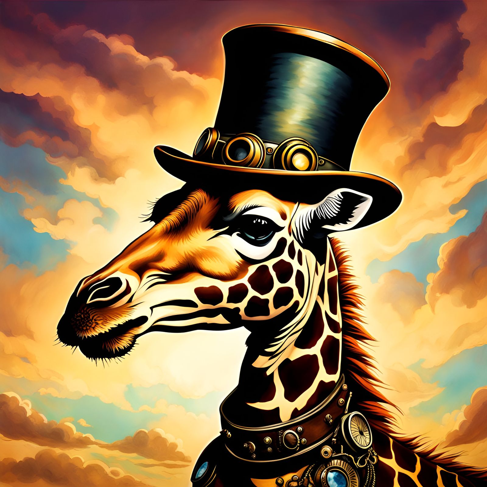 Steampunk Giraffe in Pyrography and Splash Art Style