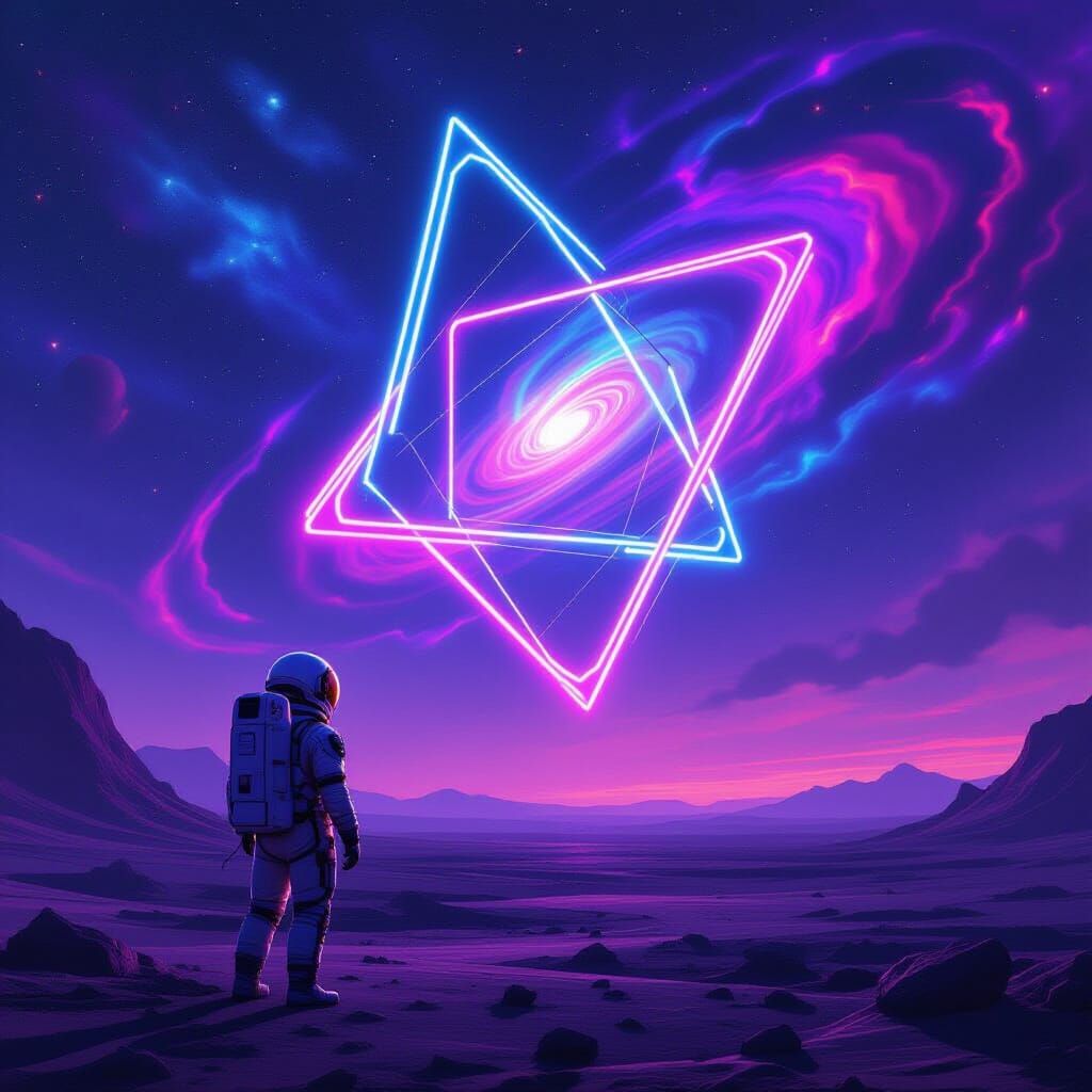 Astronaut and Neon Sculpture on Alien Planet