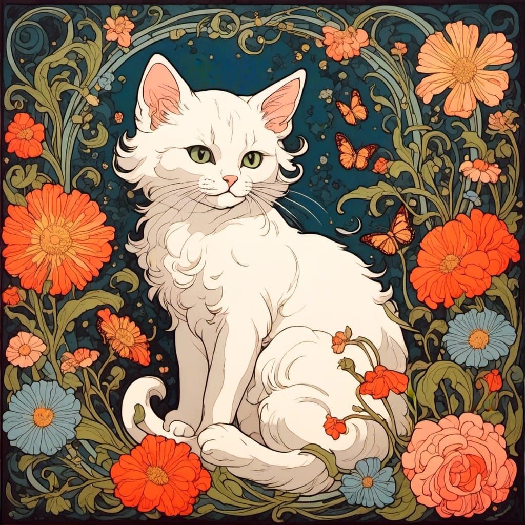 Art Nouveau Kitten in Floral Abundance
