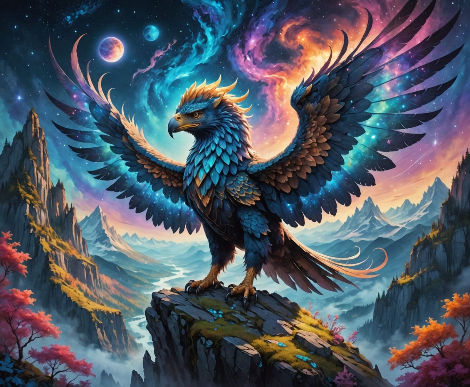 Griffon with Galaxy Wings in Bioluminescent Forest