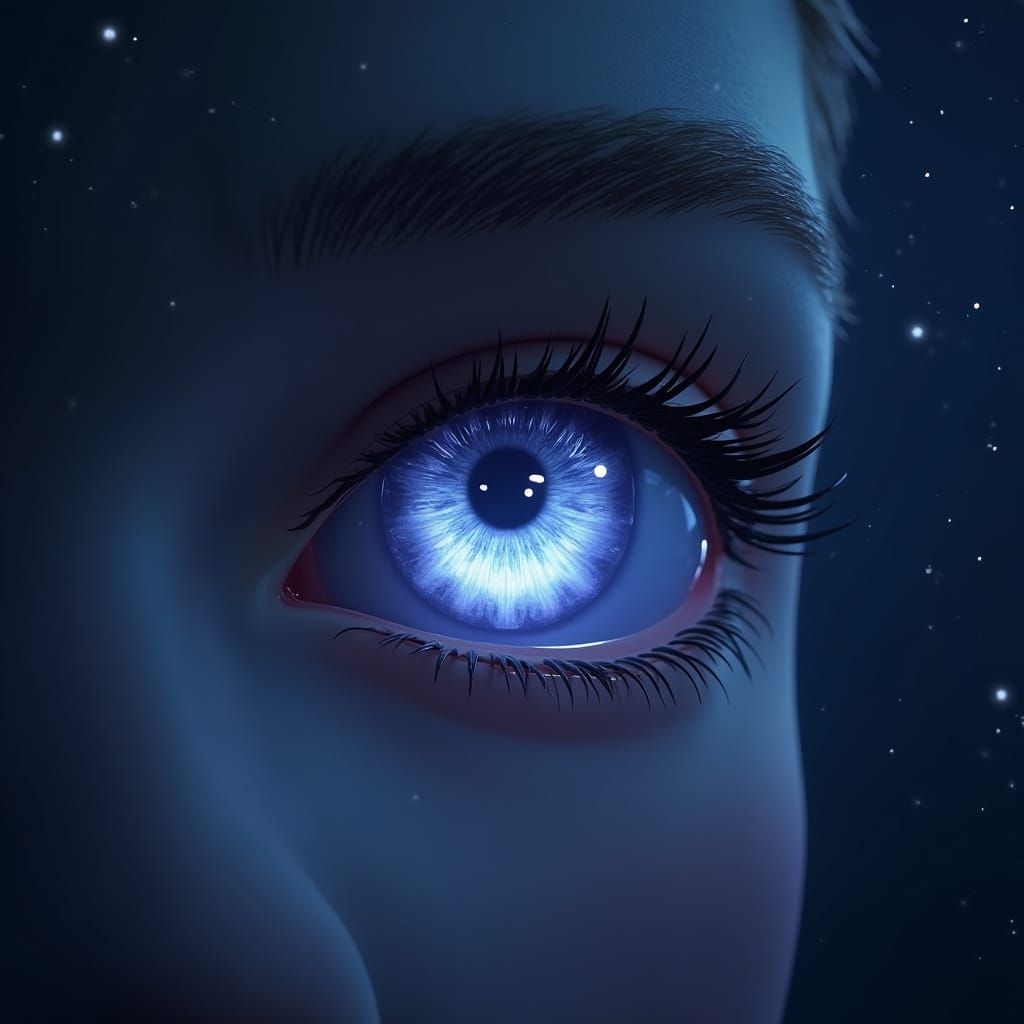 Eye Shining in Moonlight Under Twinkling Stars