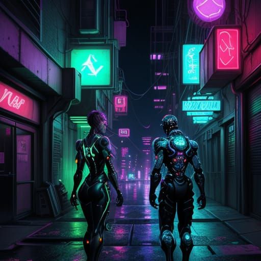 Cyberpunk Robots In Neon Alley Splash Art