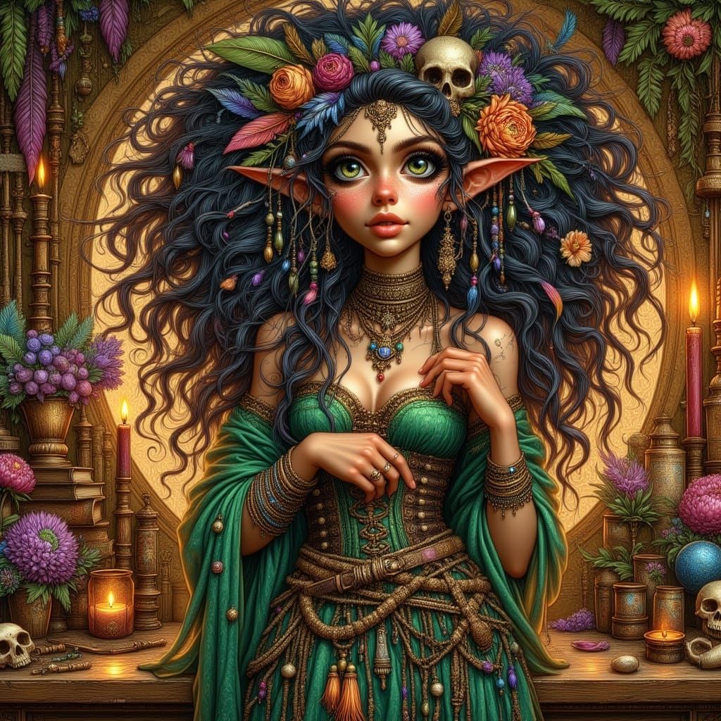 Mystical Voodoo Priestess in Emerald and Indigo Regalia