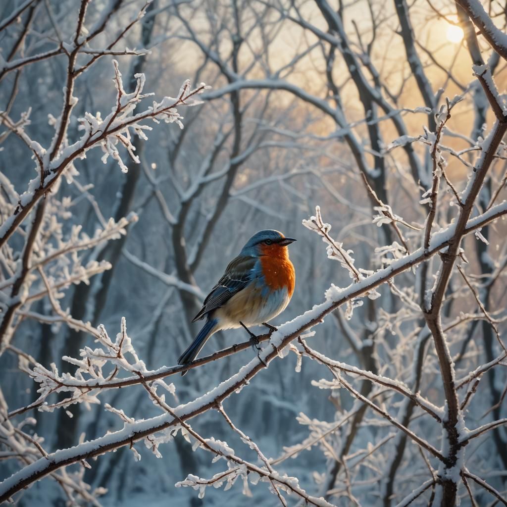 Winter Bird on Snowy Branch: Detailed Matte Painting