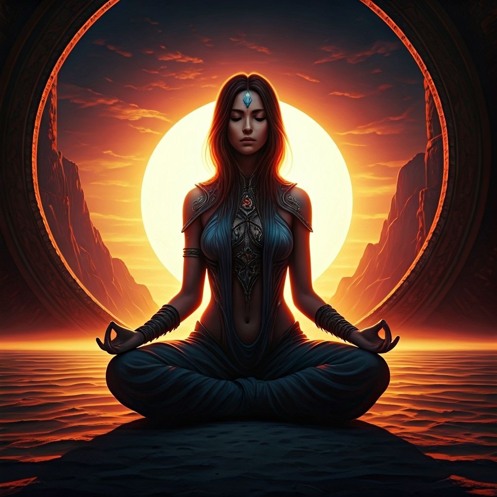 Peaceful Woman Meditating on Beach at Sunrise