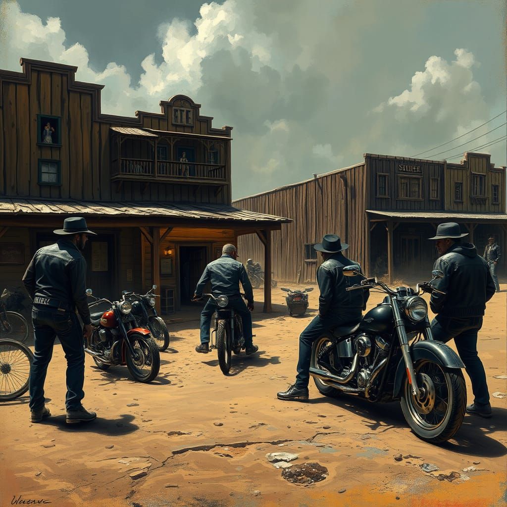 Biker Gang in Haunting Old West Saloon Scene