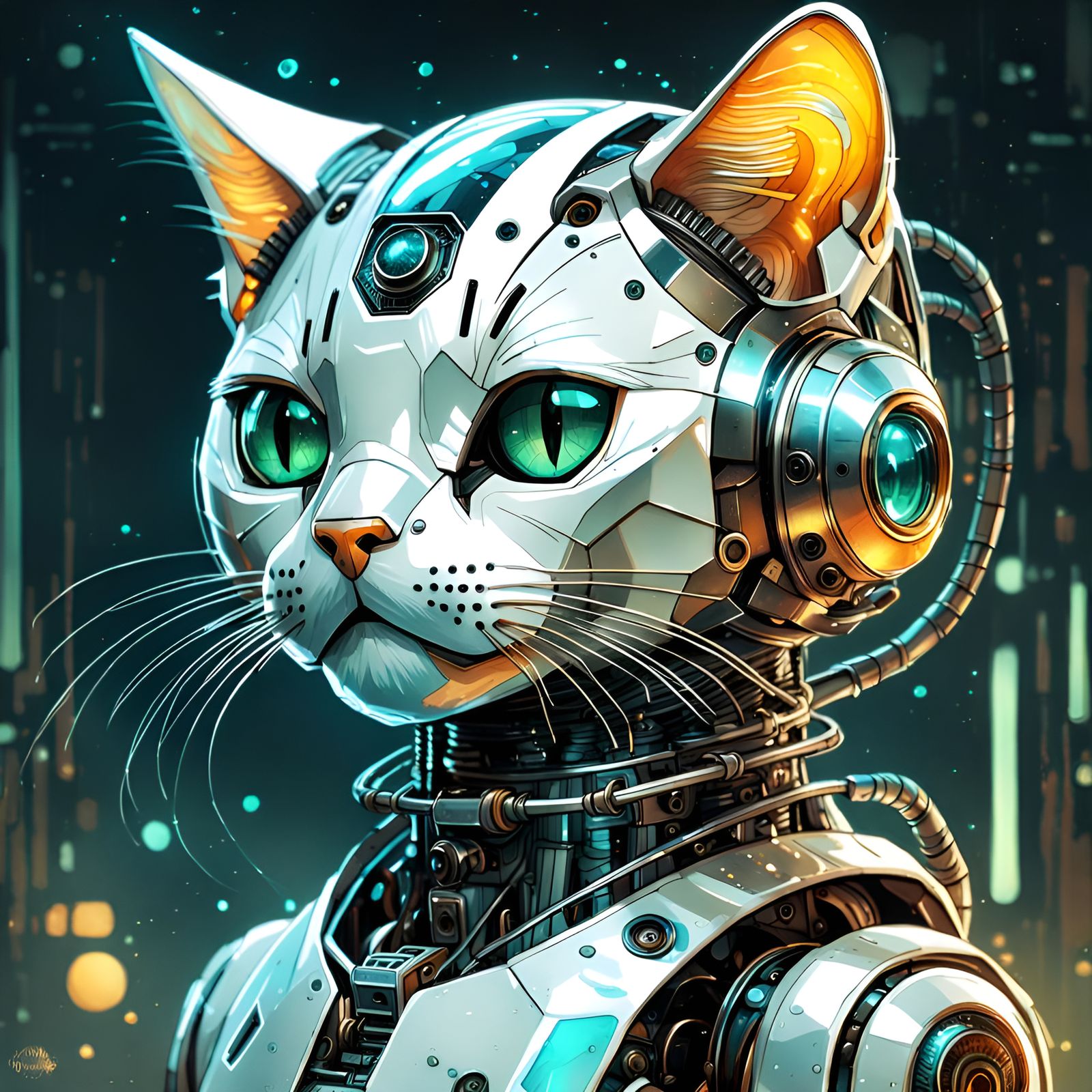 Cute Glassy Robot Kitty in Cyberpunk Style