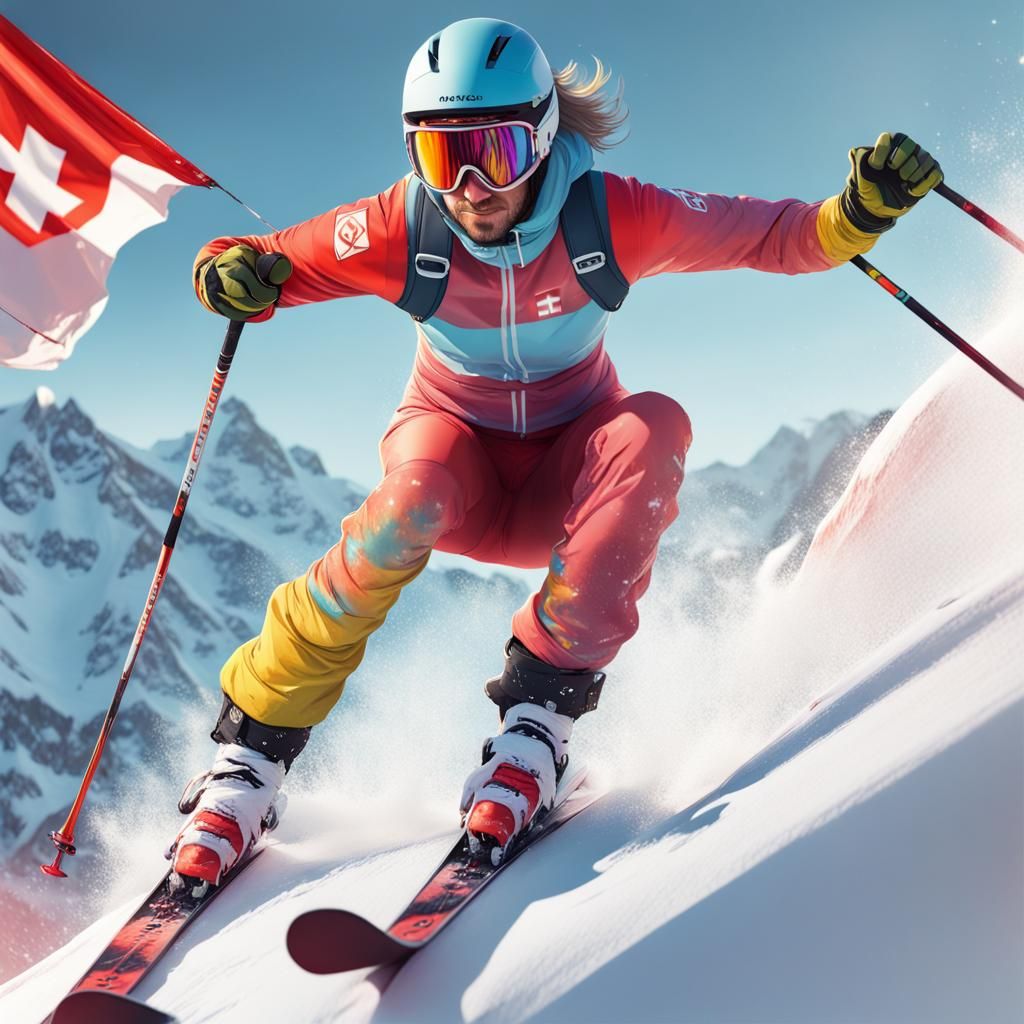 Downhill Skier in Swiss Alps, Digital Art