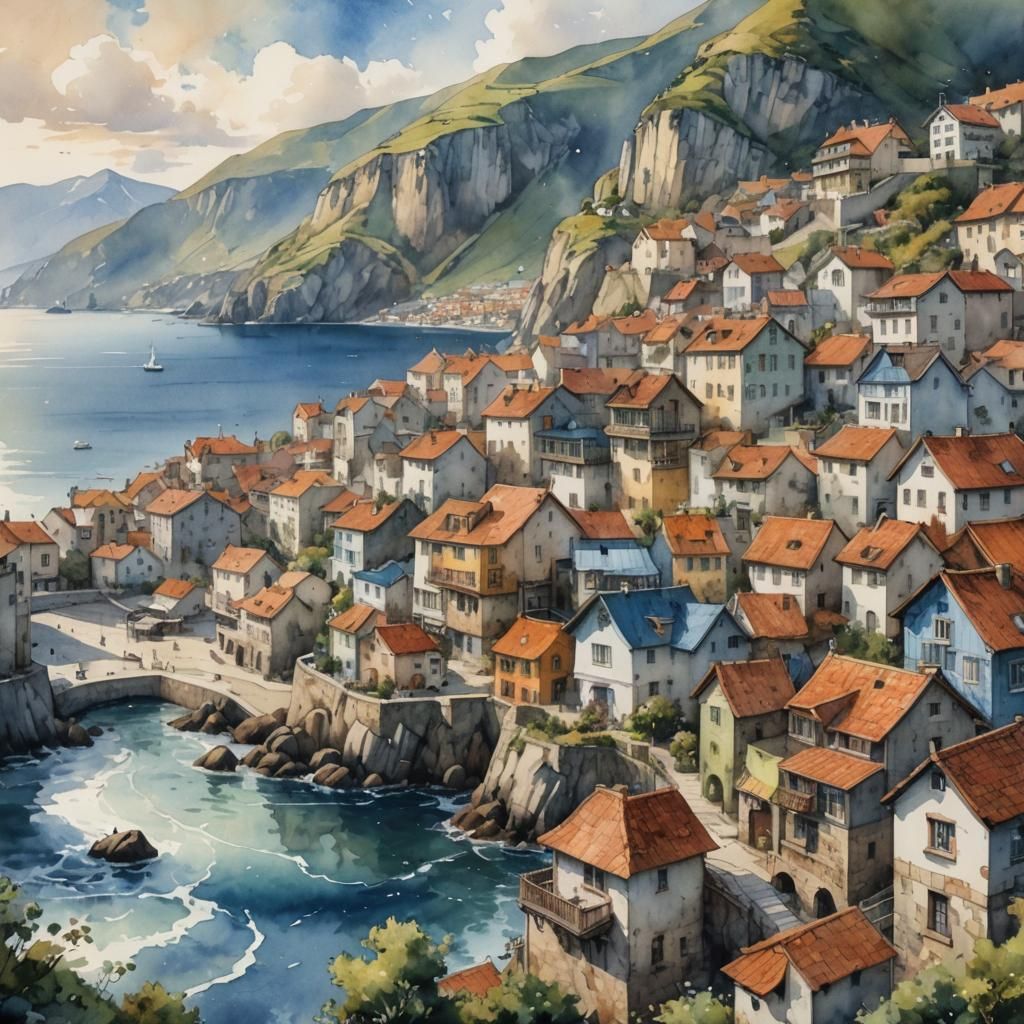 Seaside Town Watercolor Painting in Jean-Baptiste Monge Styl...