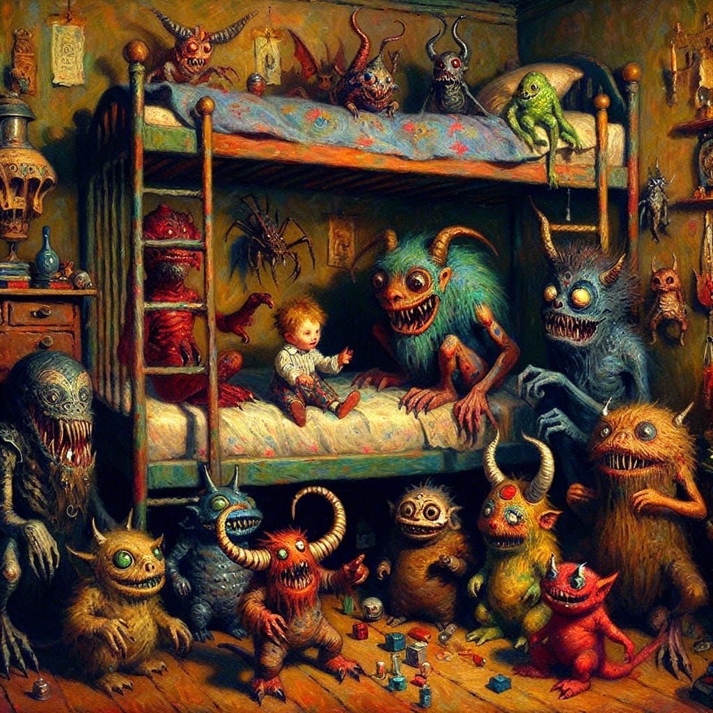 Friendly Monsters Under Bed in Grotesque Style