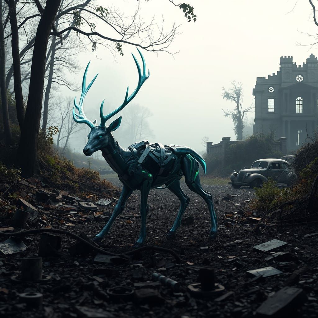 Futuristic Deer Emerges from Abandoned Ruins