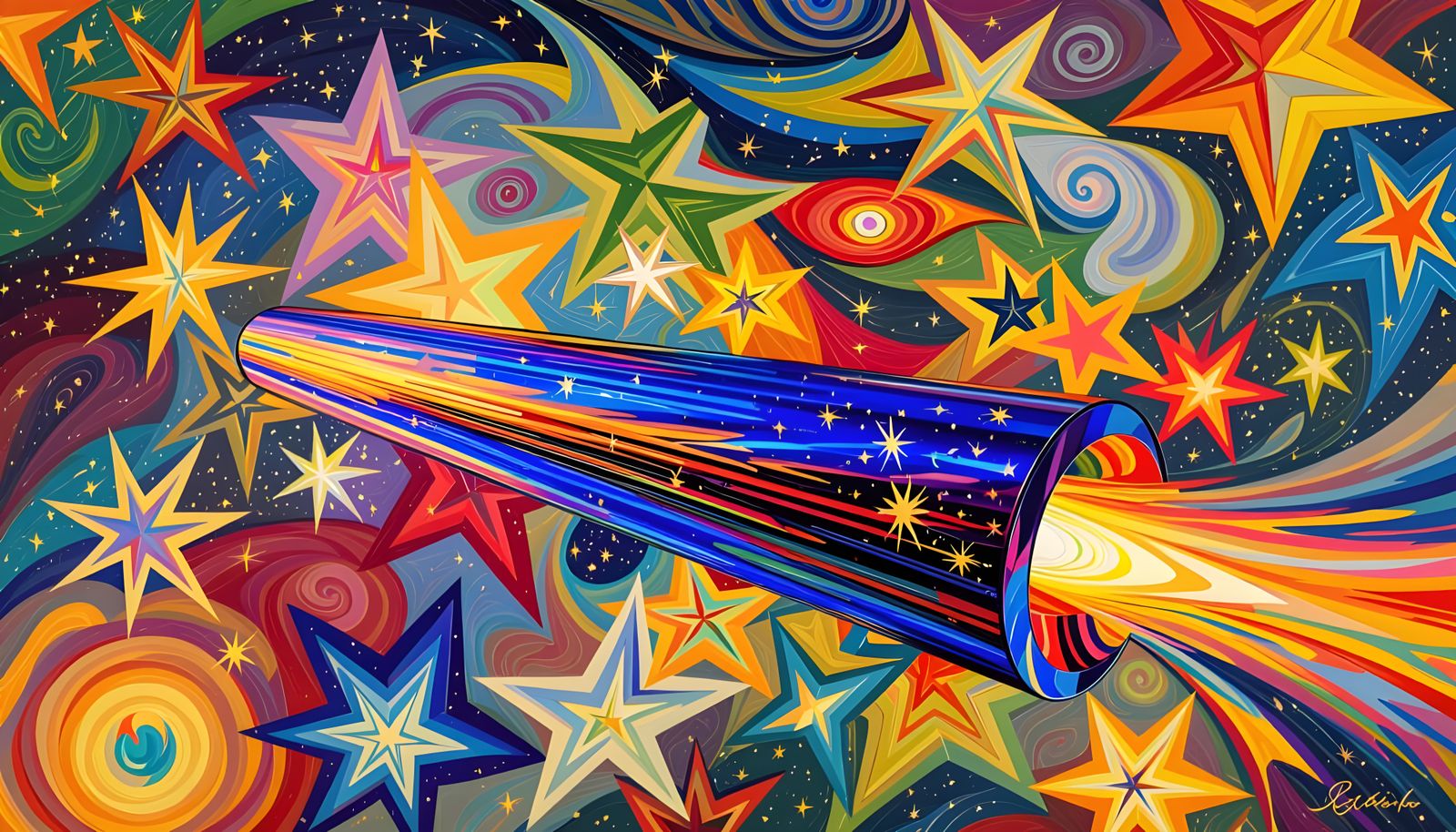 Iridescent Cylinder Reflecting Cosmic Starscape in Abstract ...