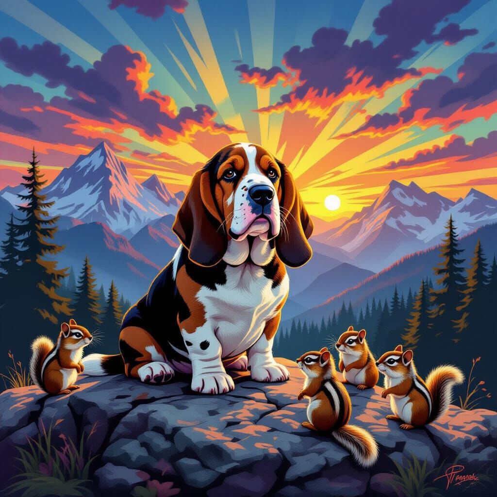 Bassett Hound Portrait with Chipmunks at Sunset