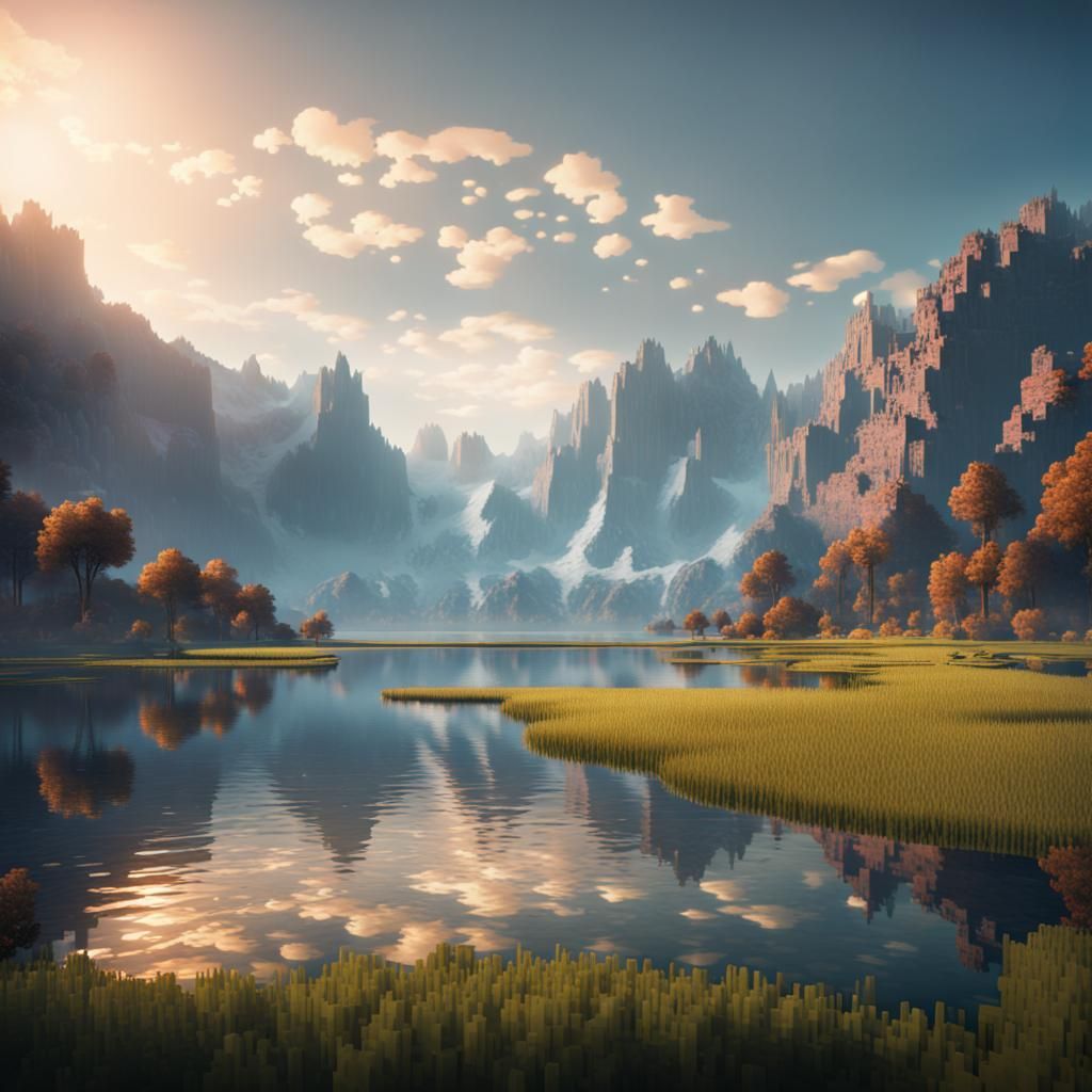 Minecraft Landscape with Lake and Mountains