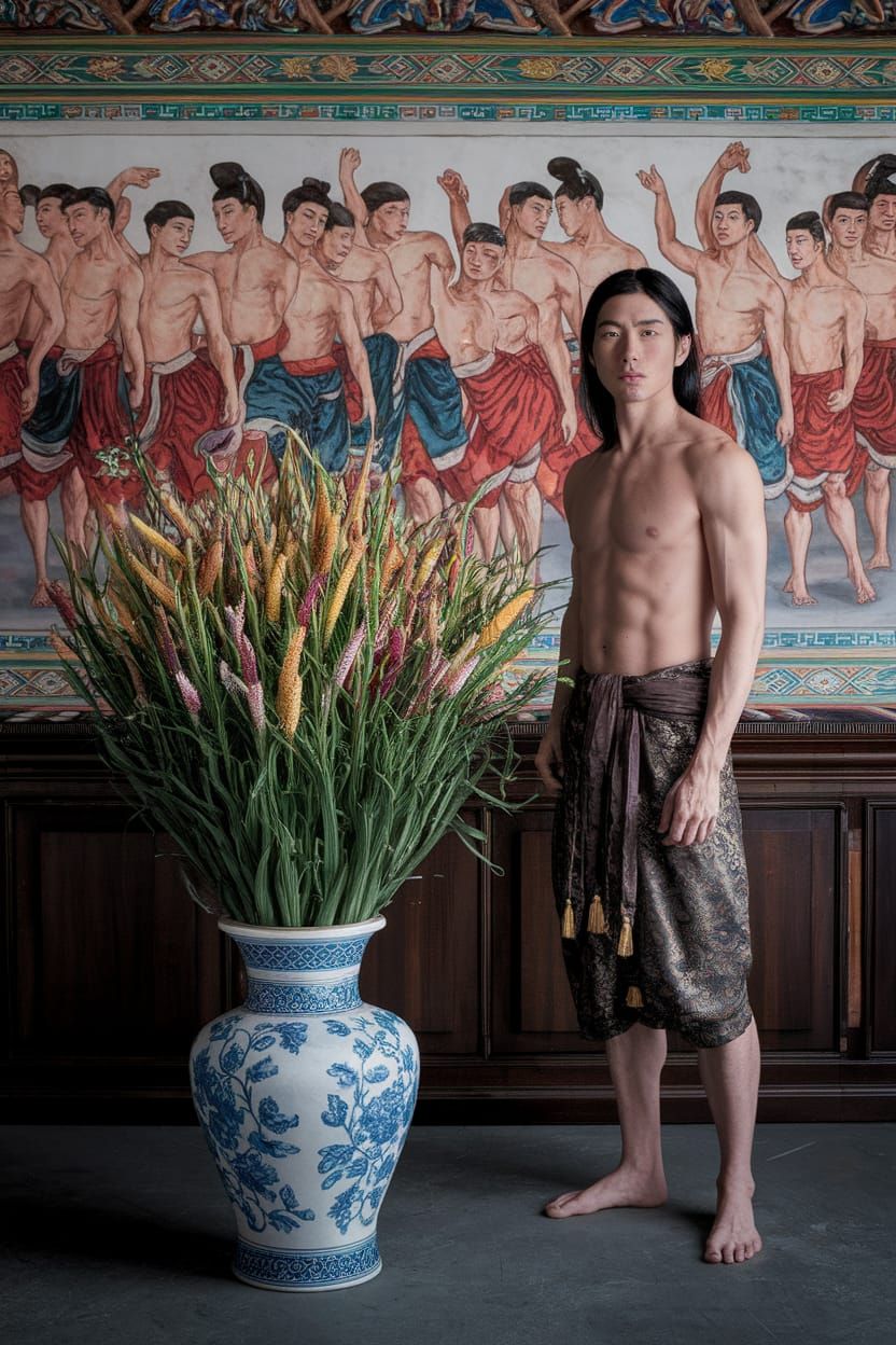 Prince Charming with Flowers in Ornate Mural Scene