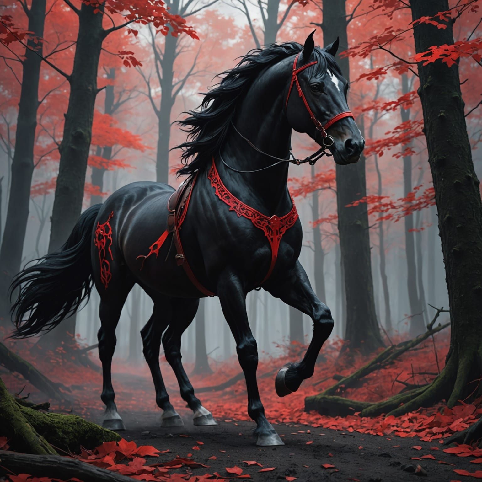 Blood Red Horse in Haunted Forest, Anime Art