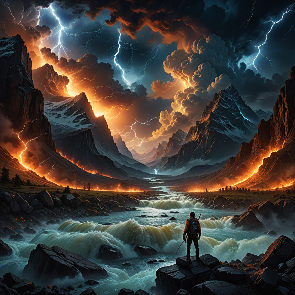 Epic Traveler Under Fiery Cosmic Skies