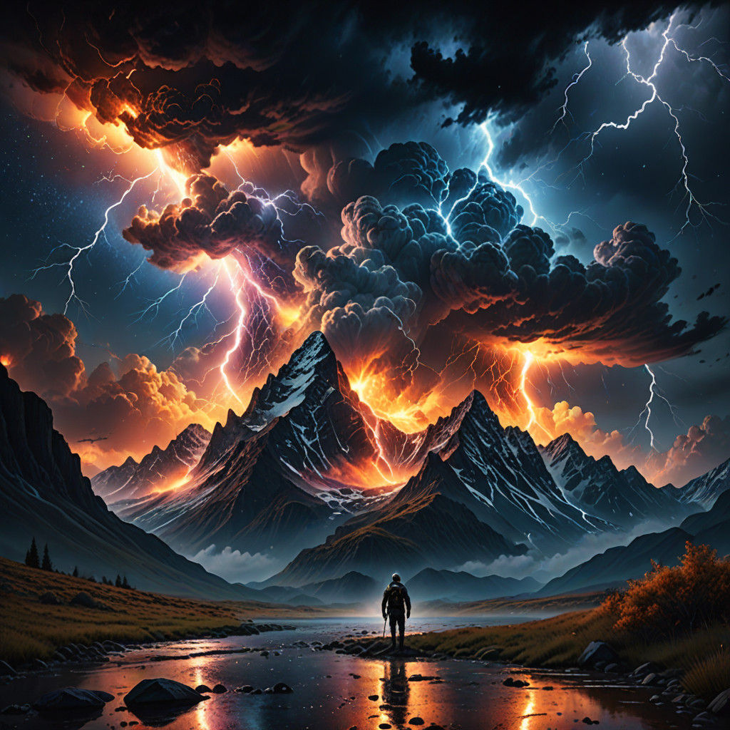 Epic Cinematic Landscape with Fiery Galaxy and Majestic Moun...