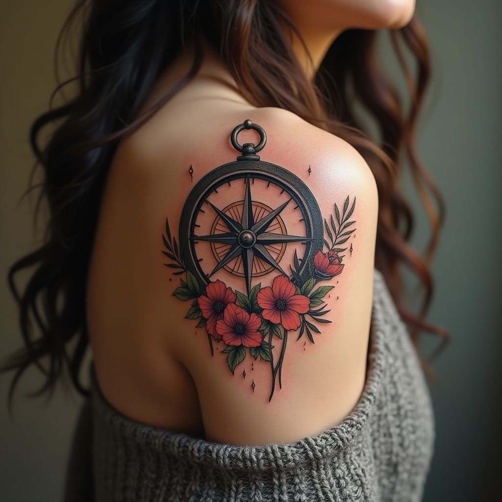 Vibrant Compass Tattoo on Young Woman in Whimsical Fantasy S...
