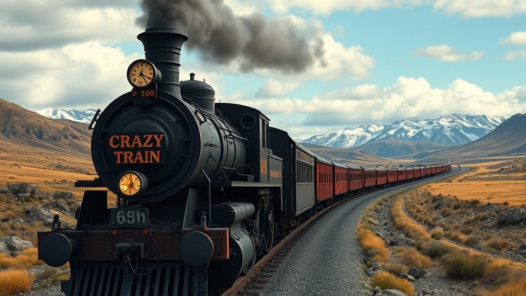 Ozzy Osbourne Drives a Train Through a Windy Landscape