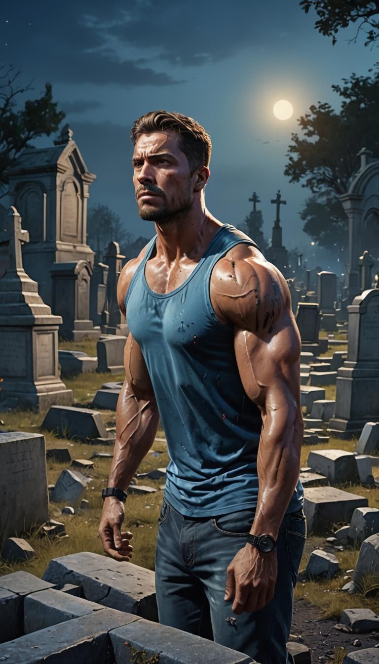 Confused Man in Graveyard at Night