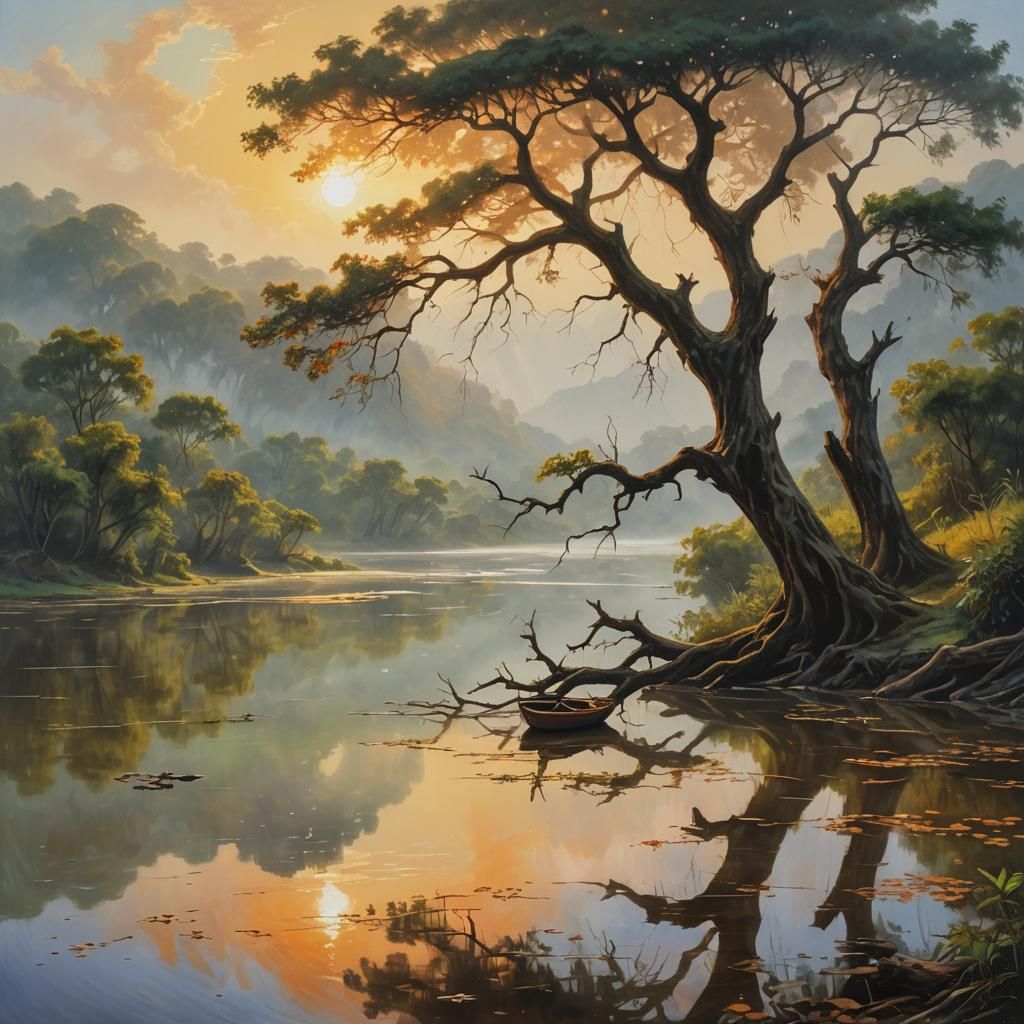 Gnarled Tree Reflected in River: Oil Painting