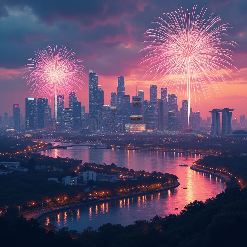 Singapore National Day: Cityscape with Fireworks
