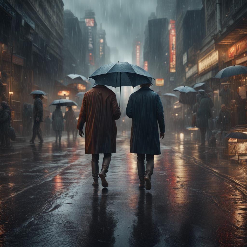 People Walking in Rain, Detailed Matte Painting
