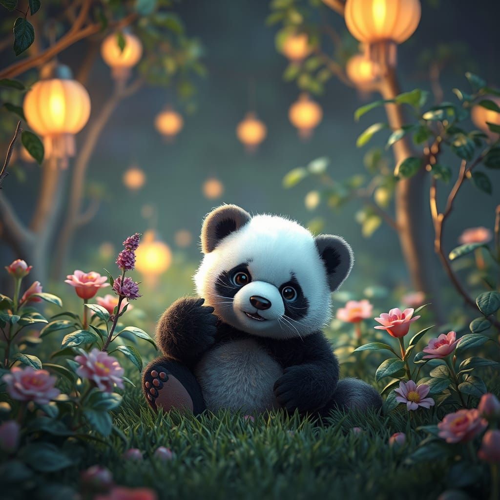 Cute Baby Panda in Garden: 3D Anime Art