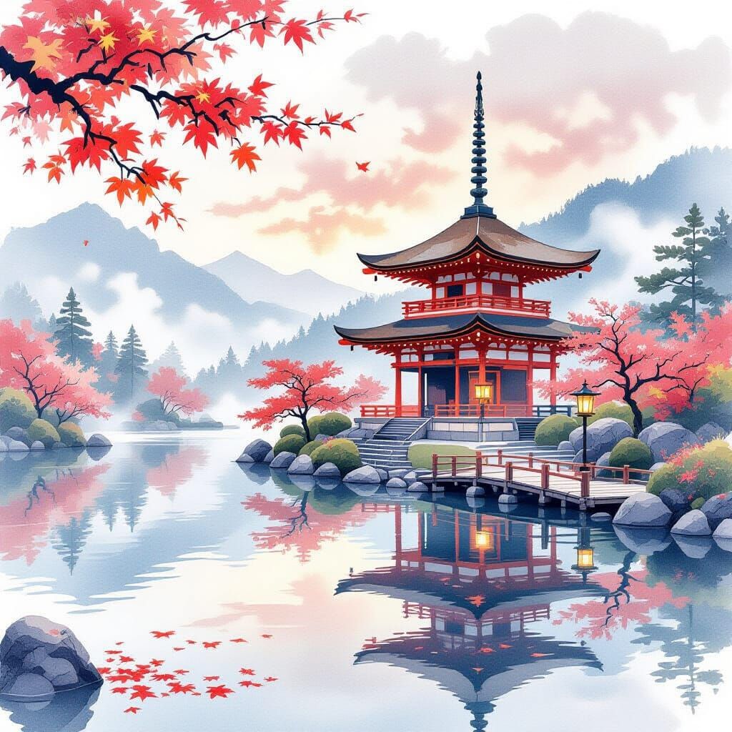 Serene Japanese Temple Reflected in Autumn Lake