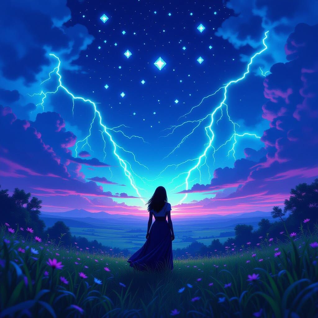 Woman in Diamond Sky Landscape, Dreamlike Digital Art