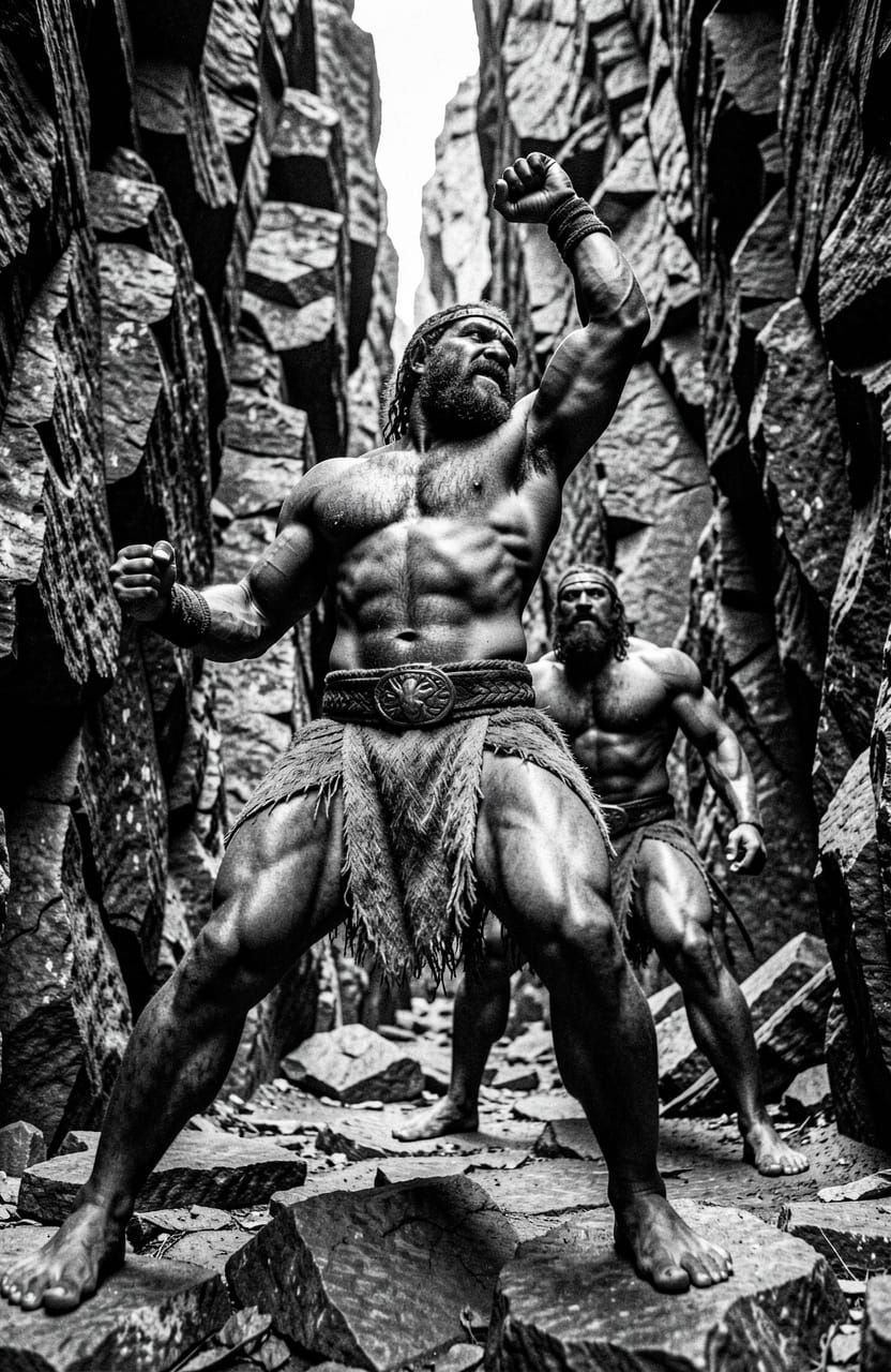 Prehistoric Warriors Battle in Rocky Canyon