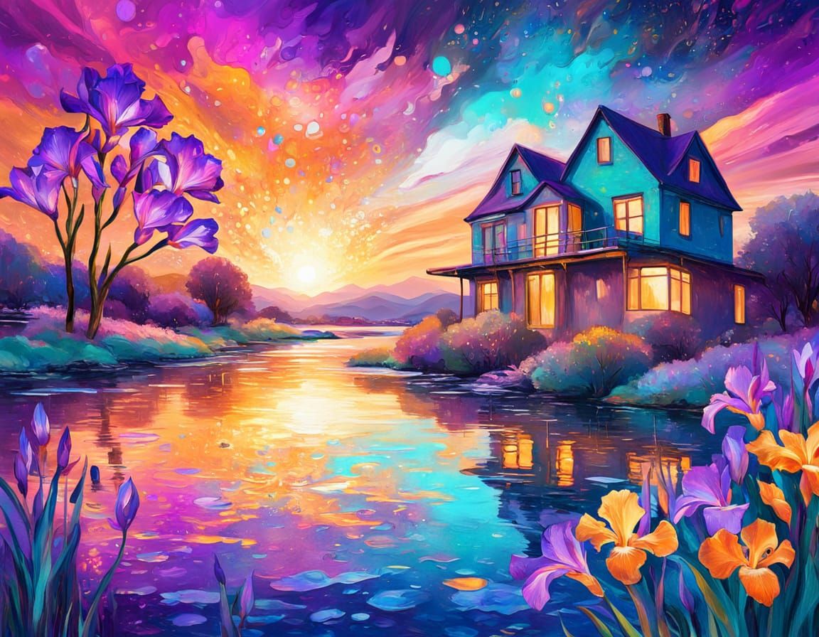 Riverside House at Sunset in Neon Astral Style